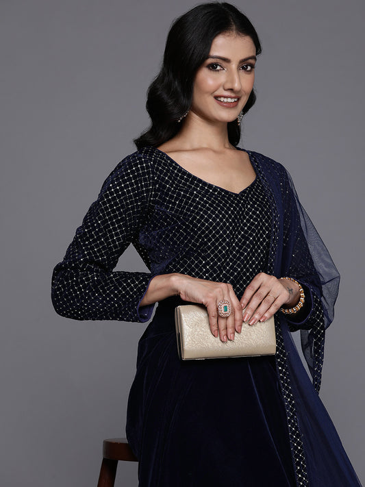 Womens Blue Embroidered Velvet Anarkali Kurta With Trousers & Dupatta