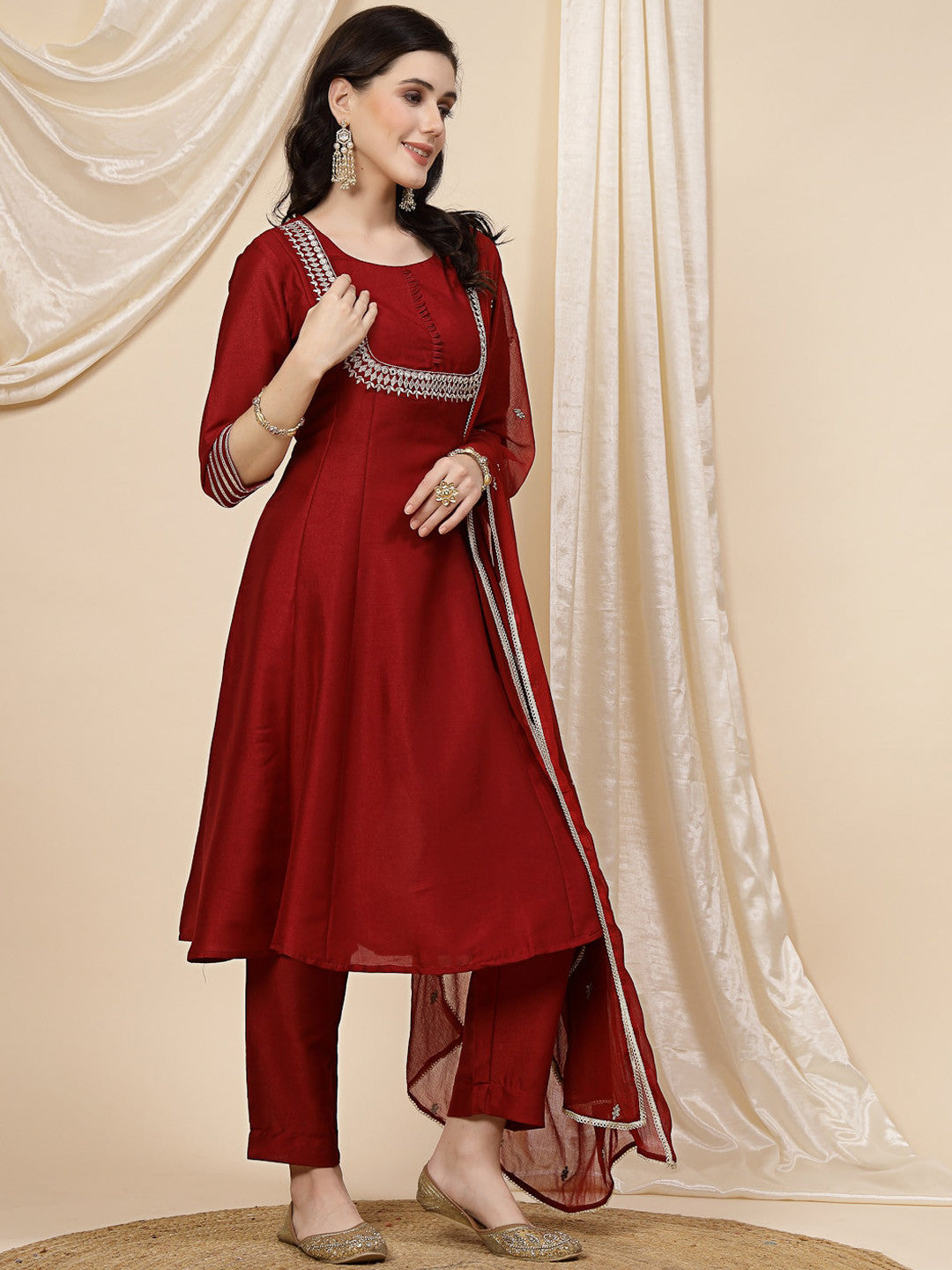 Maroon Mirror Work Embroidered Anarkali Kurta With Trouser & Dupatta