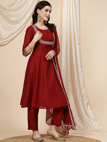 Maroon Mirror Work Embroidered Anarkali Kurta With Trouser & Dupatta