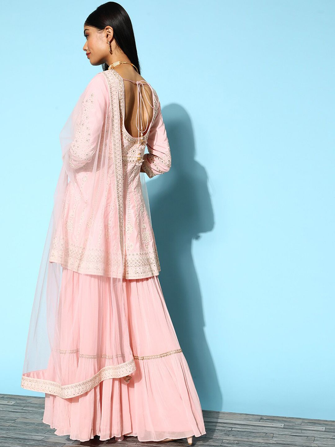 Dhiyona LL Womens Peach Embroidered A-Line Kurti With Sharara & Dupatta