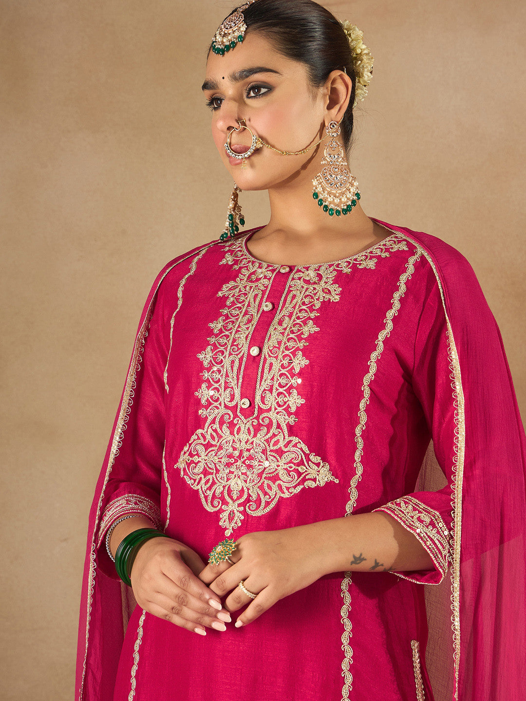 Women Embroidered Regular Kurta with Trousers & With Dupatta