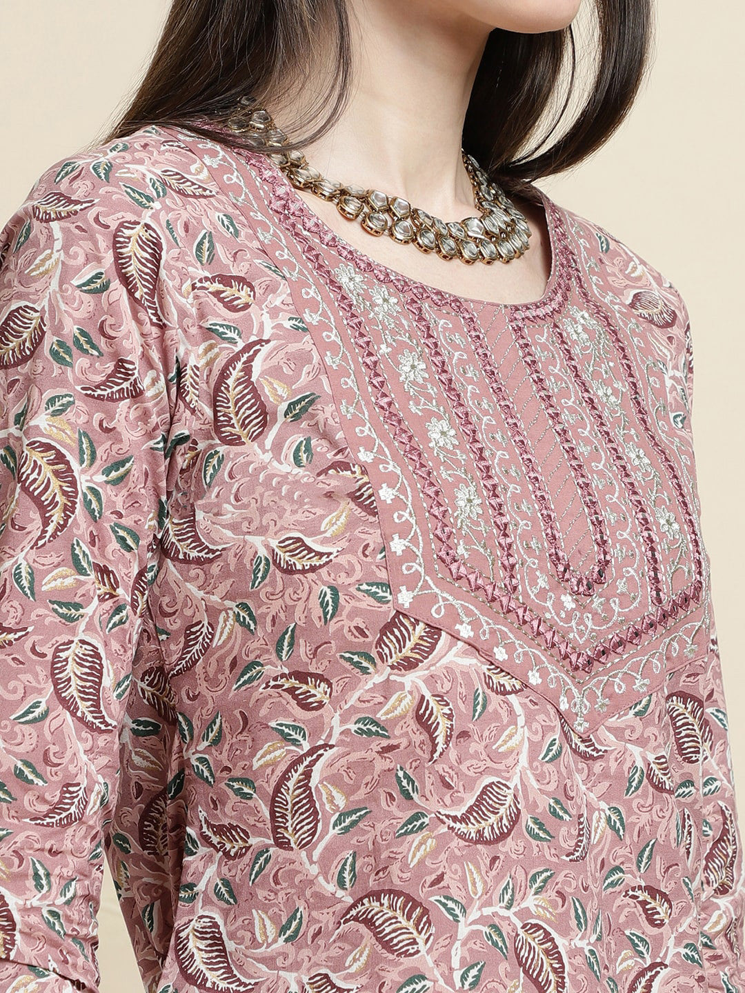 Floral Printed Pure Cotton Round Neck Kurta With Trousers & Dupatta