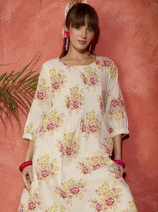 Dhiyona IE Women Floral Printed Cotton Kurta with Trousers