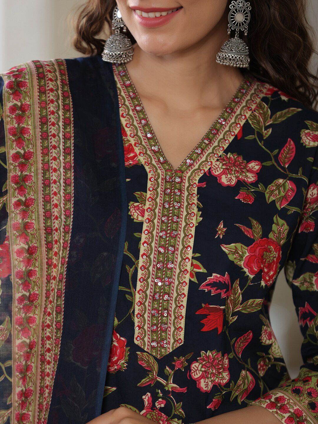 Dhiyona RR Women's Floral Printed V-Neck Pure Cotton Kurta with Trousers & With Dupatta