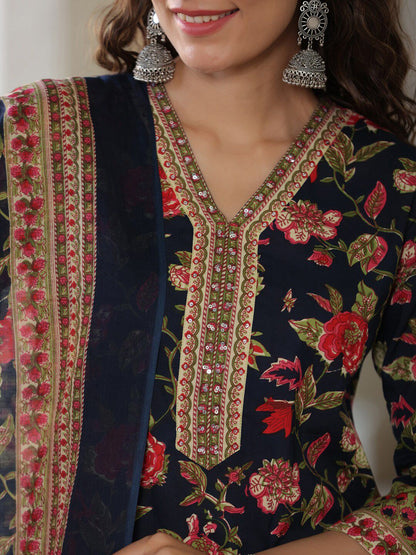Dhiyona RR Women's Floral Printed V-Neck Pure Cotton Kurta with Trousers & With Dupatta