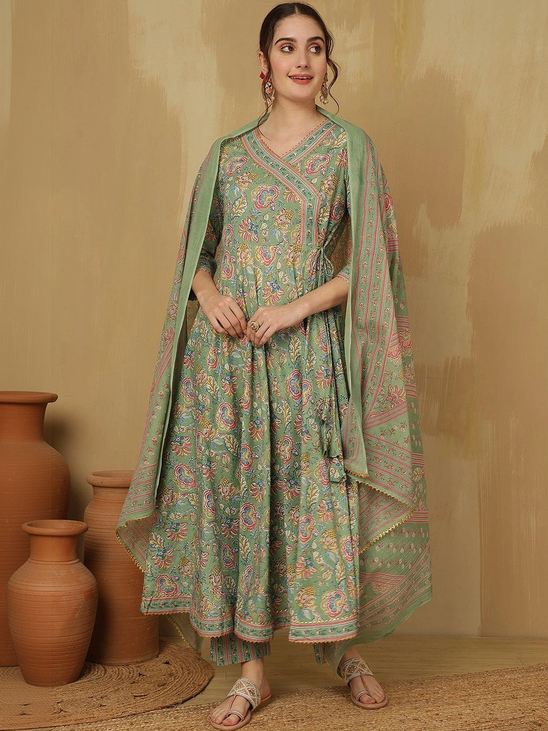 Women Floral Printed Angrakha Pure Cotton Kurta with Trousers & With Dupatta