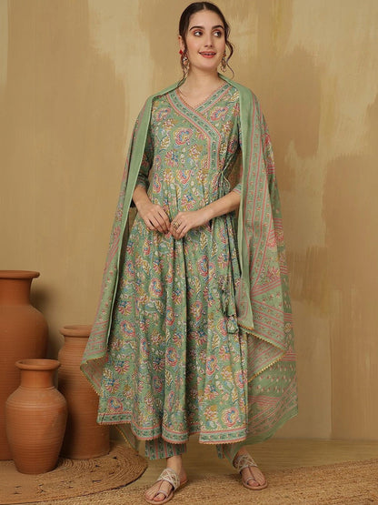Women Floral Printed Angrakha Pure Cotton Kurta with Trousers & With Dupatta
