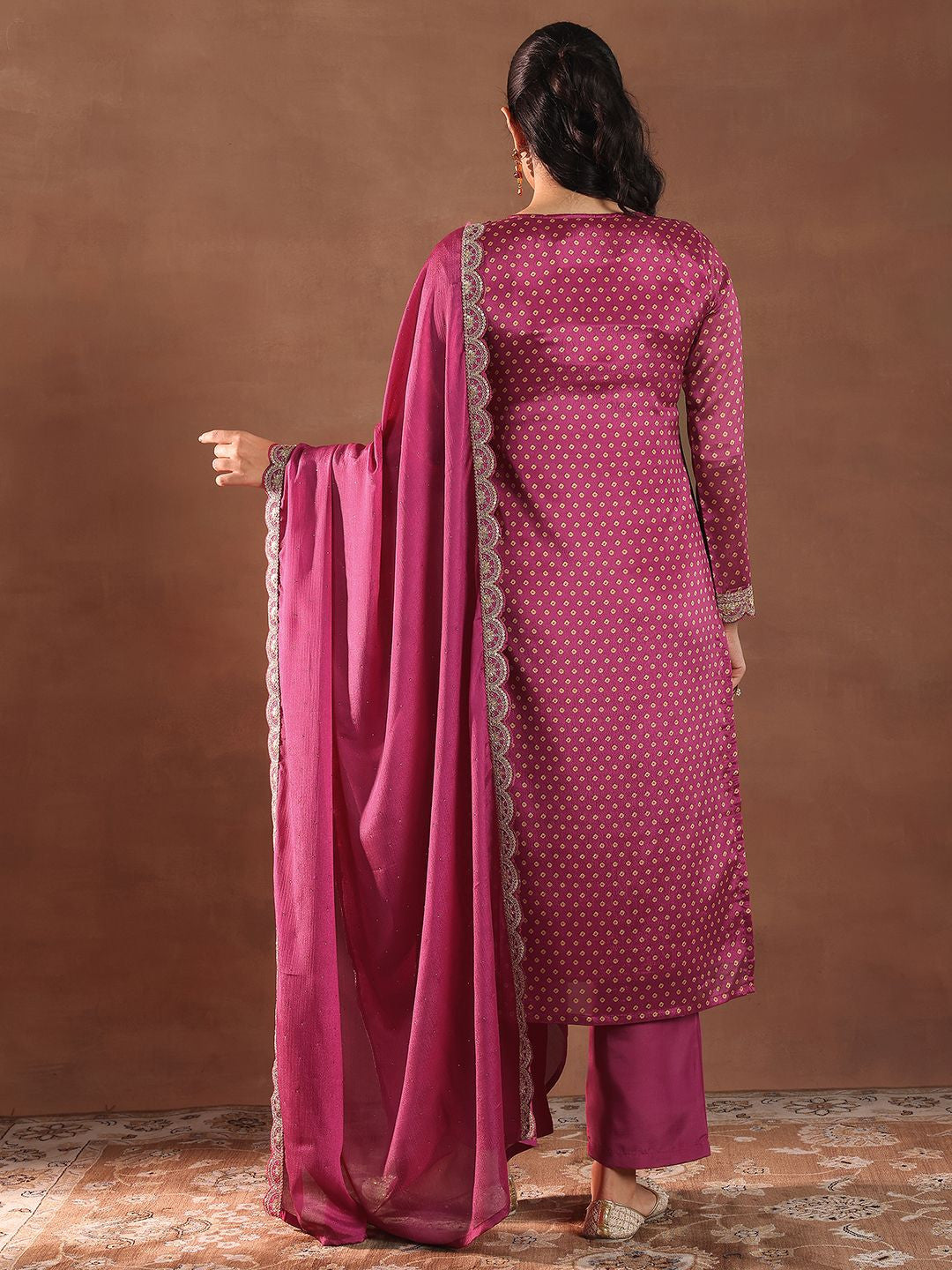 Bandhani Printed Thread Work Kurta With Trousers & Dupatta