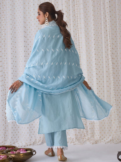 Dhiyona IE Floral Embroidered Pure Cotton Straight Kurta With Trousers & Dupatta