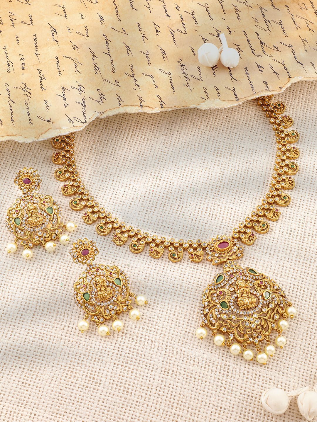 Dhiyona RJ Women's 22K Gold-Plated Ruby & Emerald CZ Studded Divine Lakshmi Temple Jewellery Set