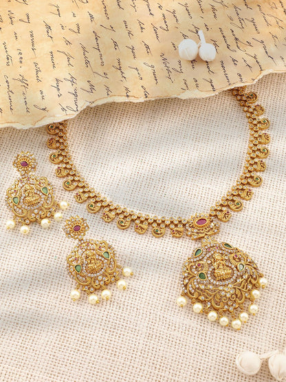 Dhiyona RJ Women's 22K Gold-Plated Ruby & Emerald CZ Studded Divine Lakshmi Temple Jewellery Set