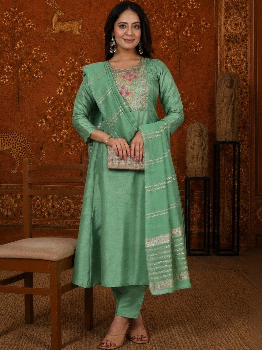 Women Floral Embroidered Empire Sequinned Kurta with Trousers & With Dupatta