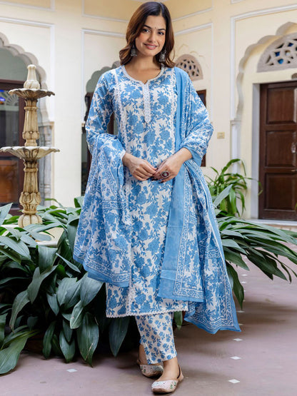 Women Floral Printed Panelled Beads and Stones Pure Cotton Kurta with Trousers & With Dupatta
