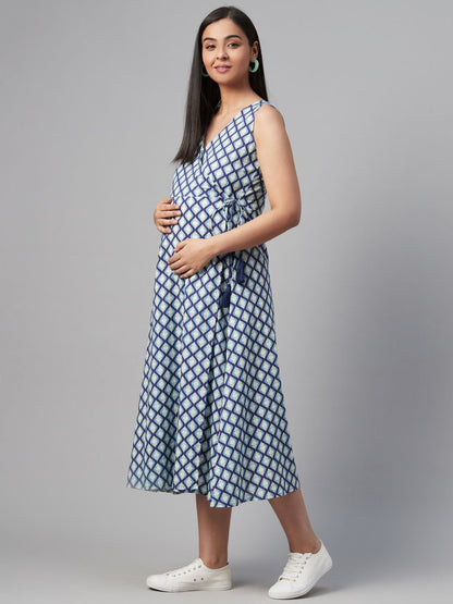 Dhiyona AY Women's Blue & White Printed Maternity Wrap Dress