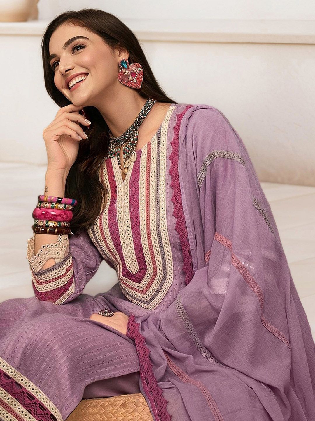 Dhiyona IS Women's Embroidered Straight Mirror Work Pure Cotton Kurta with Trousers & Dupatta