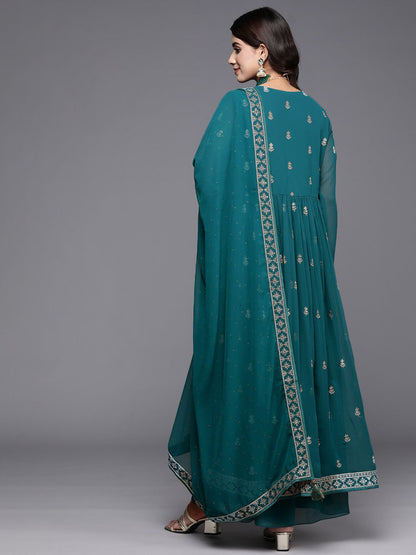 Dhiyona LL Floral Embroidered High Slit Sequinned Kurta with Palazzos & Dupatta