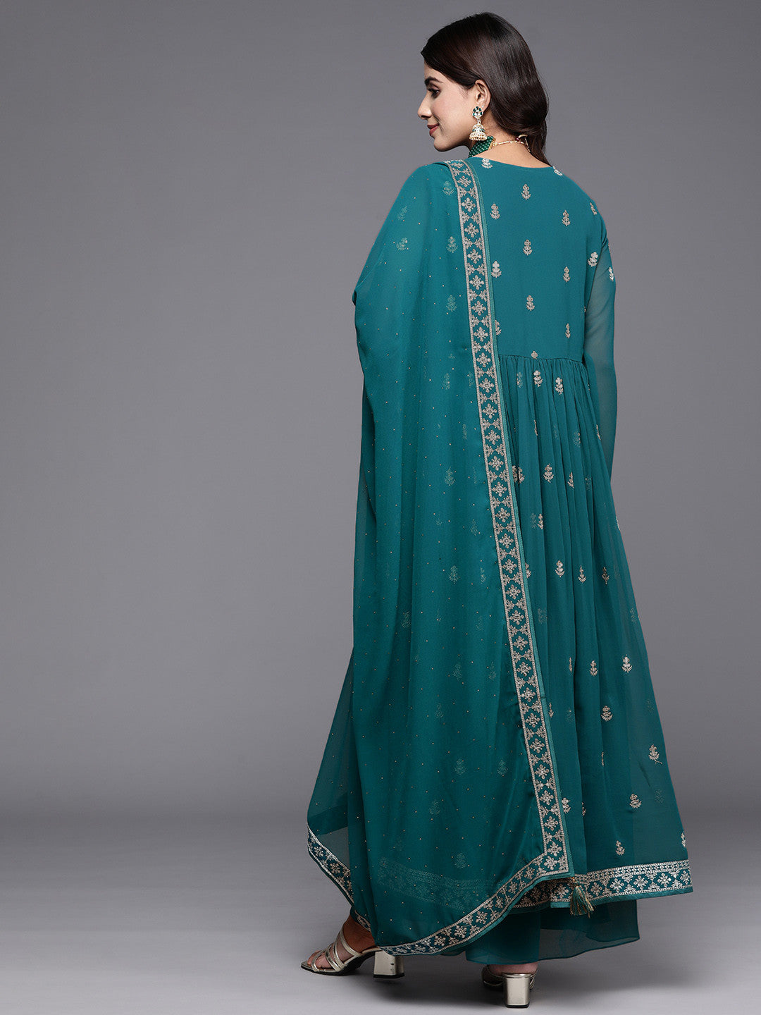 Floral Embroidered High Slit Sequinned Kurta with Palazzos & Dupatta
