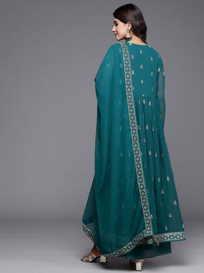 Floral Embroidered High Slit Sequinned Kurta with Palazzos & Dupatta