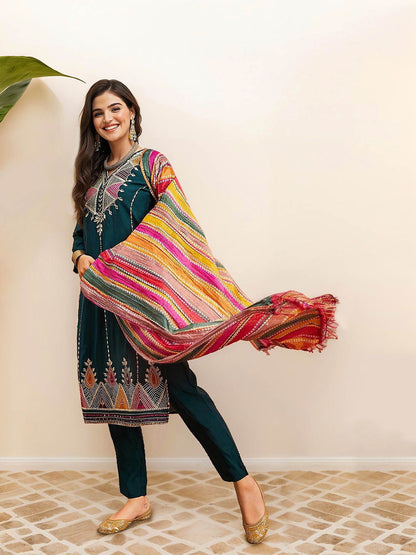 Dhiyona IS Women's Ethnic Motifs Embroidered Pure Cotton Straight Kurta with Trousers & Dupatta