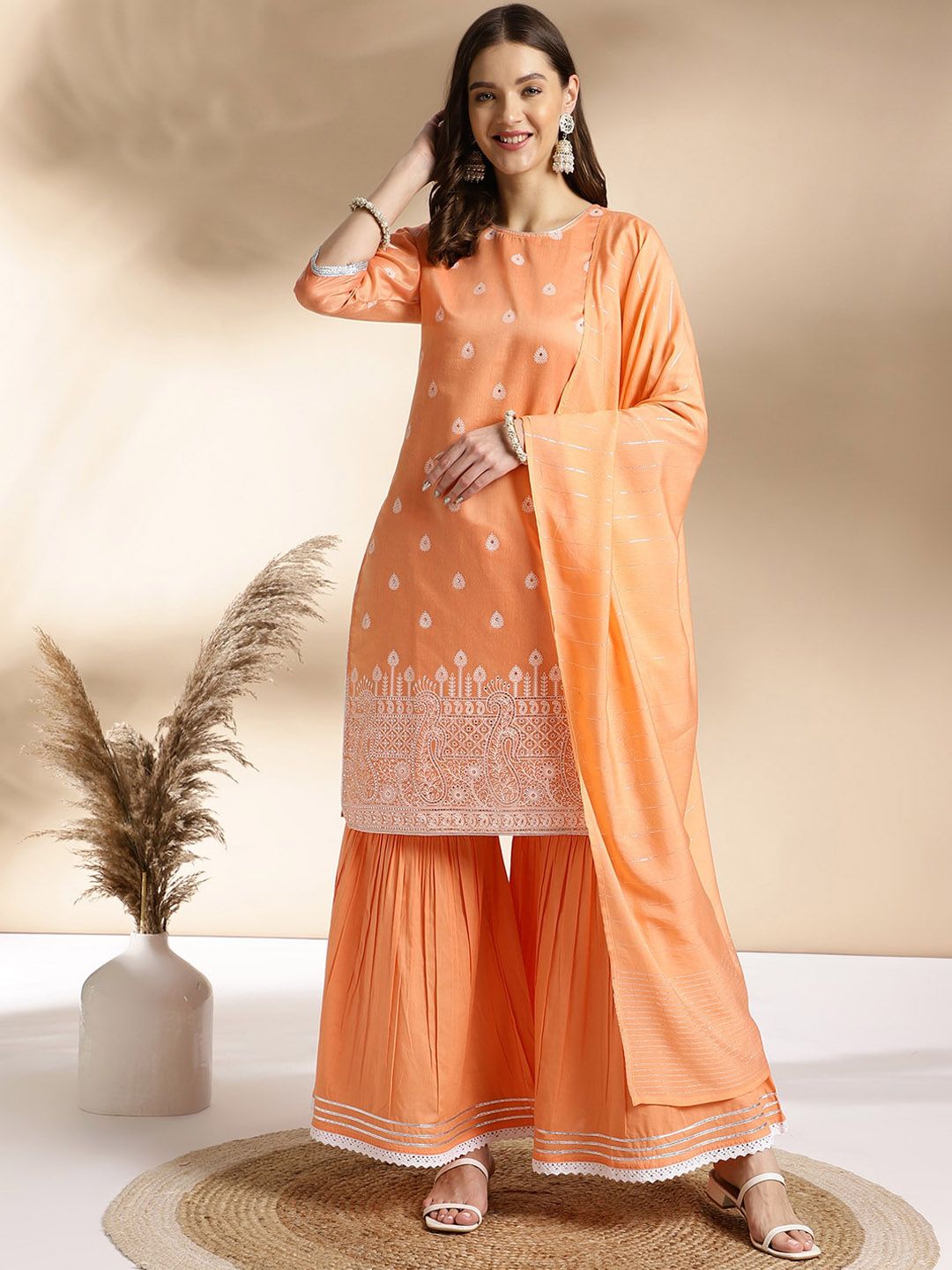Dhiyona AN Ethnic Motifs Printed Round Neck Thread Work Straight Kurta with Sharara & Dupatta
