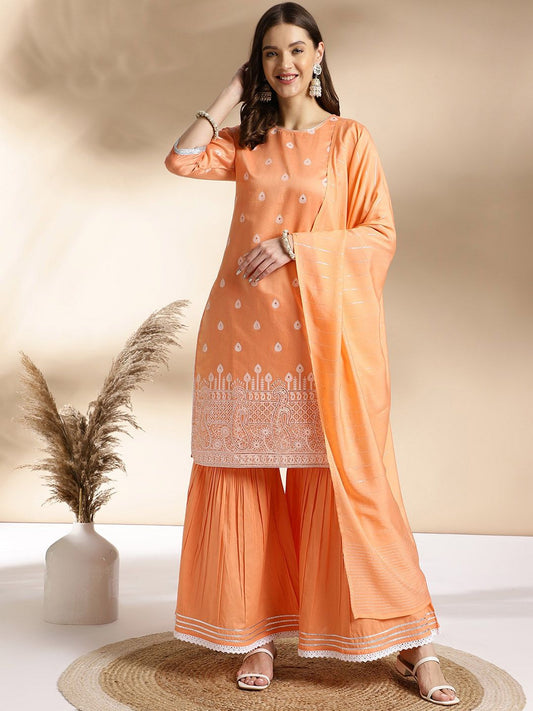 Dhiyona AN Ethnic Motifs Printed Round Neck Thread Work Straight Kurta with Sharara & Dupatta