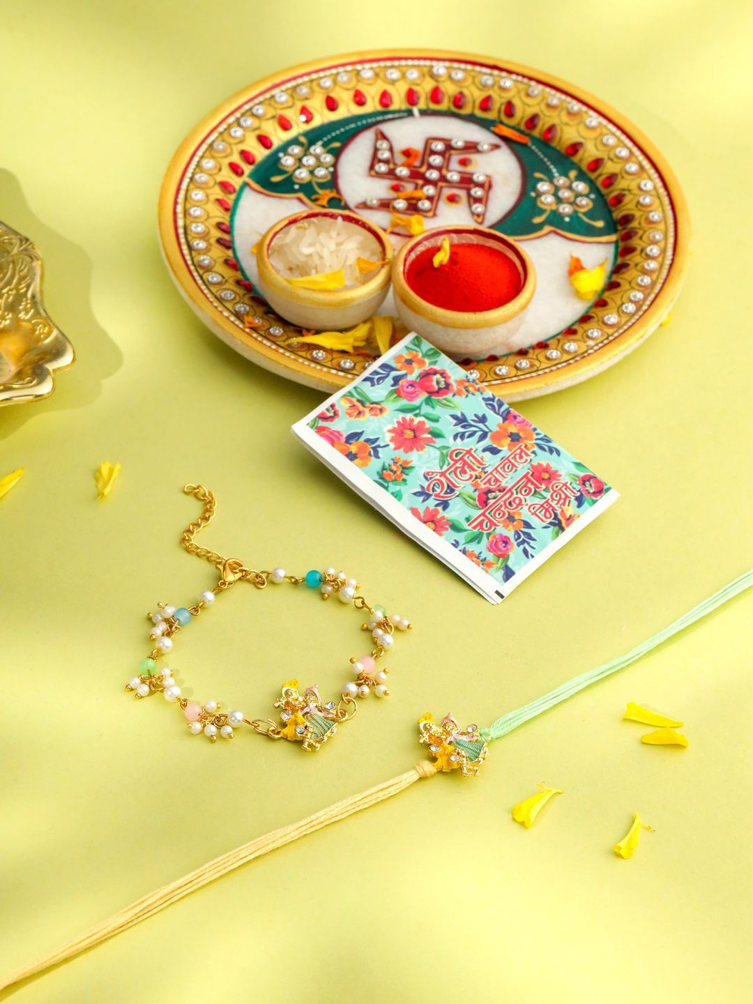 Dhiyona Unisex Set Of 2 Multicolor Gold-Toned Radha Krishna Beaded Bhaiya Bhabhi Rakhi