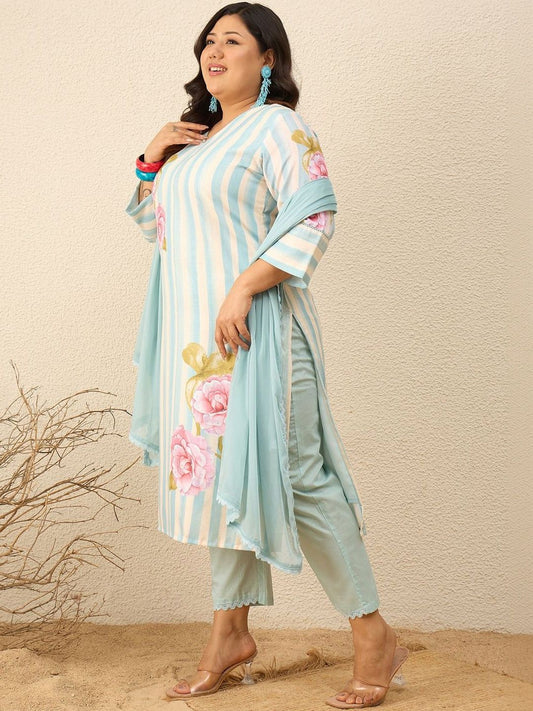 Dhiyona Women's Floral Printed Regular Kurta with Trousers & With Dupatta