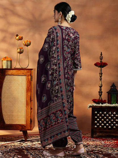Women Floral Printed Regular Thread Work Kurta with Harem Pants & With Dupatta