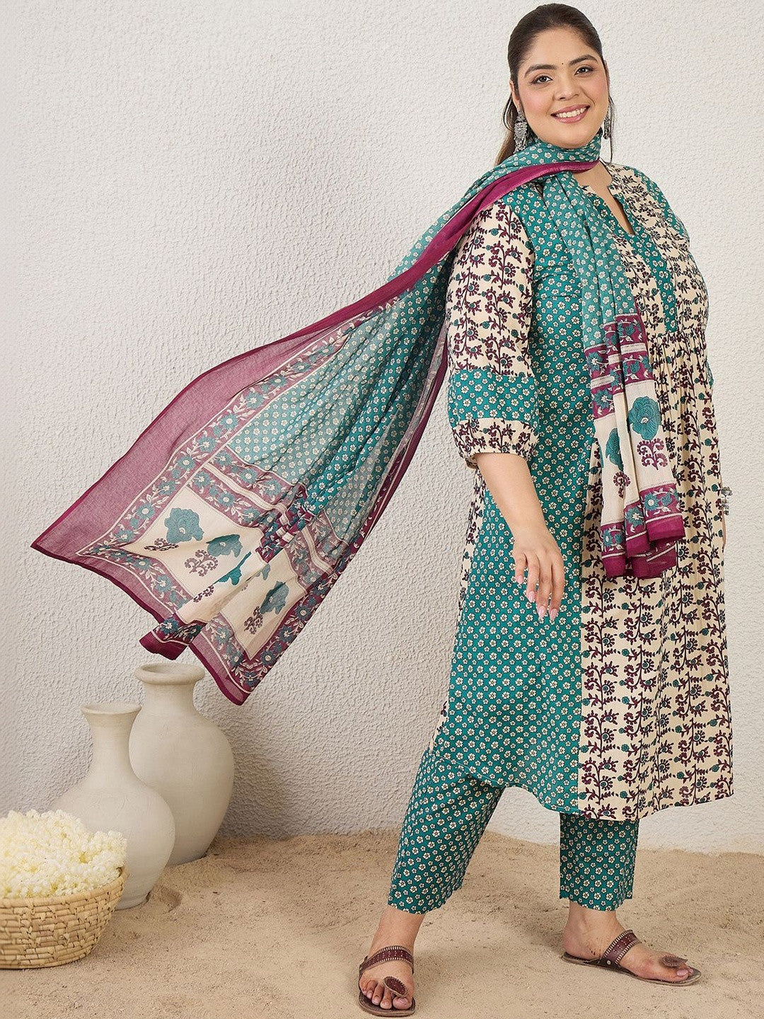 Plus Size Multi Printed A-Line Kurta Trousers With Dupatta Set