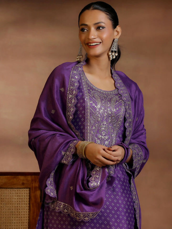 Women's LB Purple Printed Silk Blend Straight Suit With Dupatta