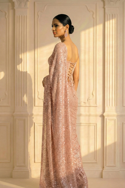 Dhiyona ST Blush Cream Knitted Sequin Saree with Blouse Fabric
