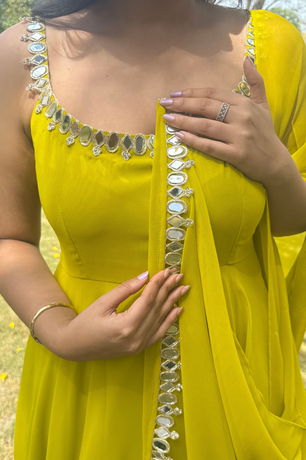 Dhiyona ST 3 pc Suit Set -Lime Green Mirror Edge Georgette Sleeveless Anarkali with Dupatta and Pants