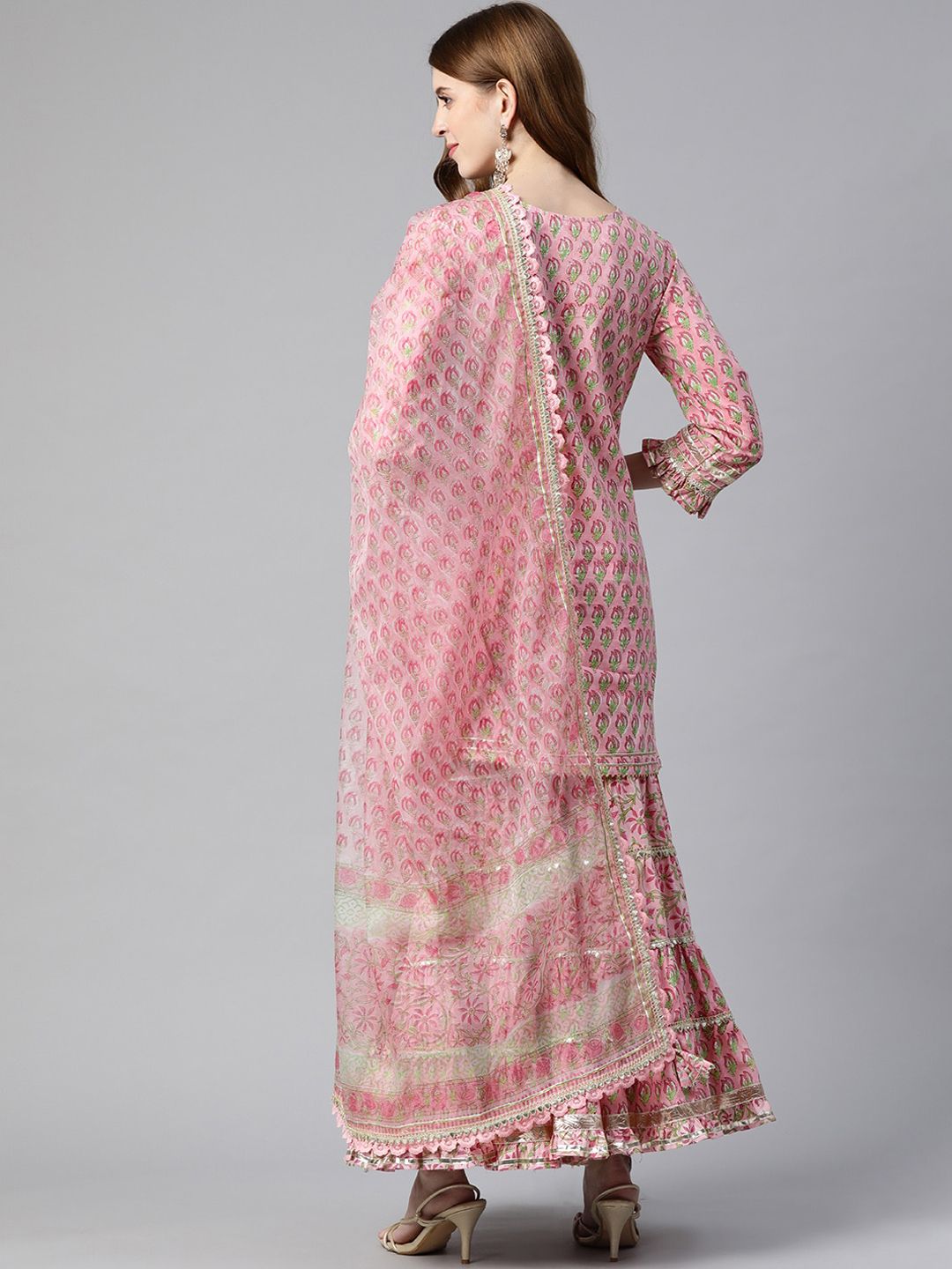 Dhiyona KL Ethnic Motifs Printed Gotta Patti Pure Cotton Straight Kurta & Sharara With Dupatta