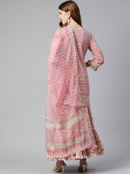 Dhiyona KL Ethnic Motifs Printed Gotta Patti Pure Cotton Straight Kurta & Sharara With Dupatta