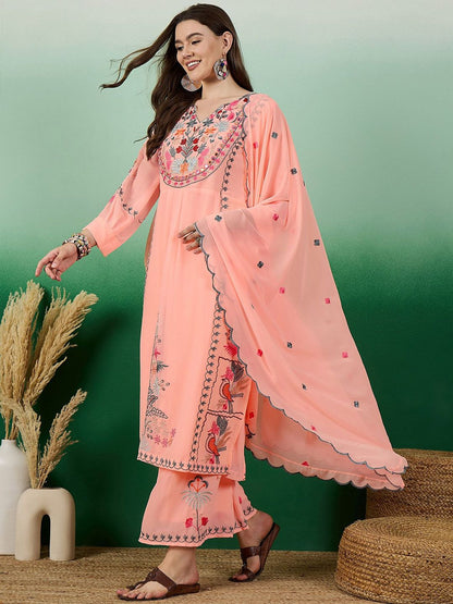 Dhiyona KL Floral Embroidered V-Neck Cuffed Sleeves Thread Work Kurta ,Palazzos & Dupatta