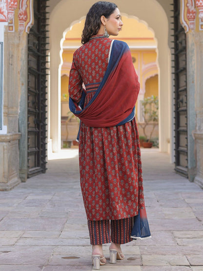 Dhiyona RR Women's Printed Empire Sequinned Pure Cotton Kurta with Trousers & Dupatta