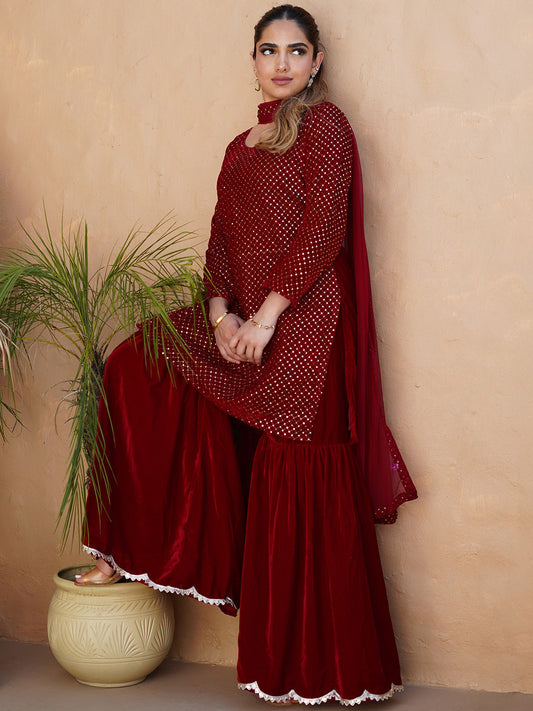 Embroidered Regular Sequinned Velvet Kurti with Sharara & Dupatta