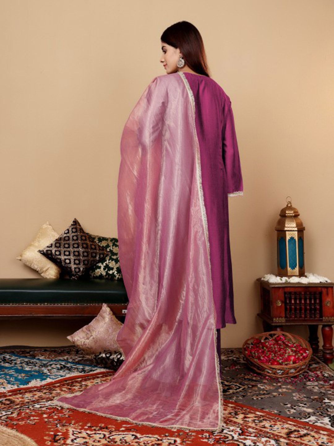 Purple Yoke Design Regular Sequinned Kurta with Trousers & With Dupatta