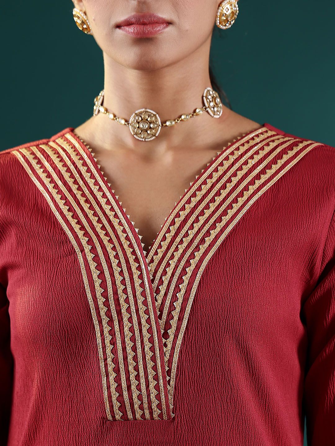 Dhiyona VA Women'sMaroon V-Neck Regular Gotta Patti Silk Crepe Kurta With Trouser With Dupatta