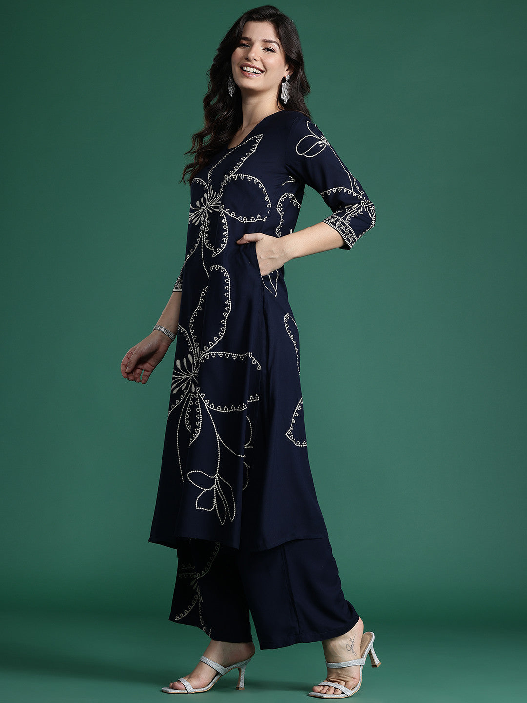 Floral Printed Mirror Work Kurta with Trousers