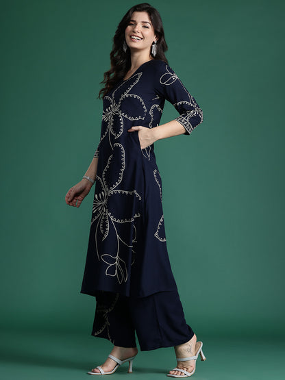 Floral Printed Mirror Work Kurta with Trousers