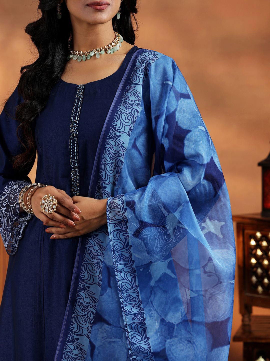 Floral Round Neck Panelled A Line Kurta with Trousers & Dupatta