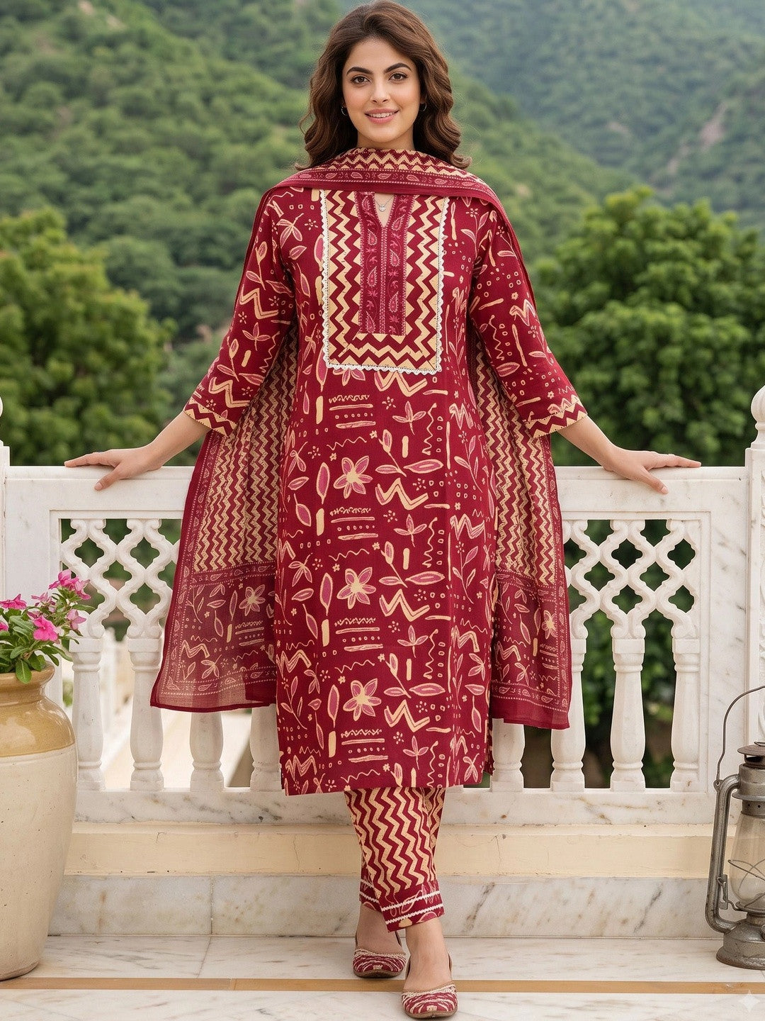 Women Ethnic Motifs Printed Regular Pure Cotton Kurta with Trousers & With Dupatta