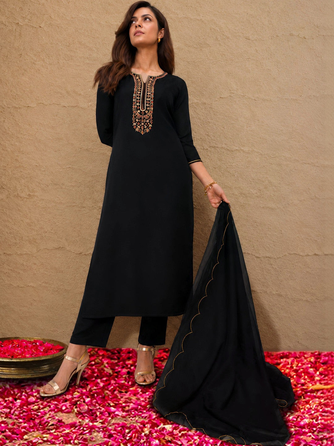 Libas Black Floral Yoke Design Tissue Straight Suit Set