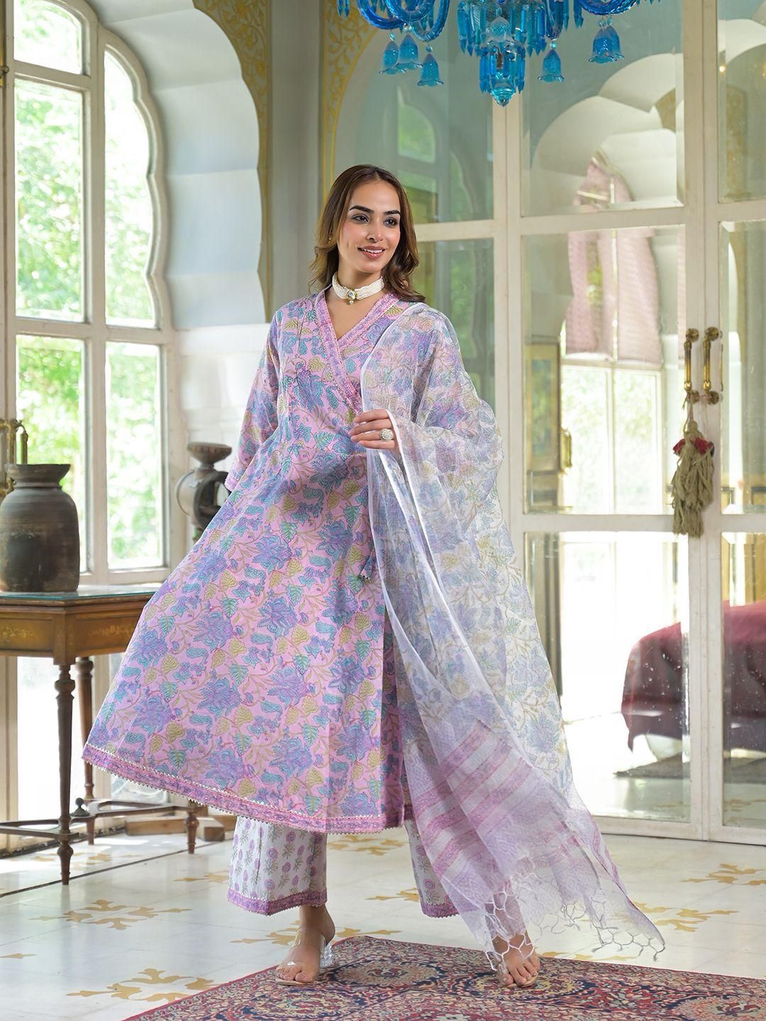 Dhiyona KL Women Floral Printed Angrakha Gotta Patti Pure Cotton Kurta with Palazzos & With Dupatta