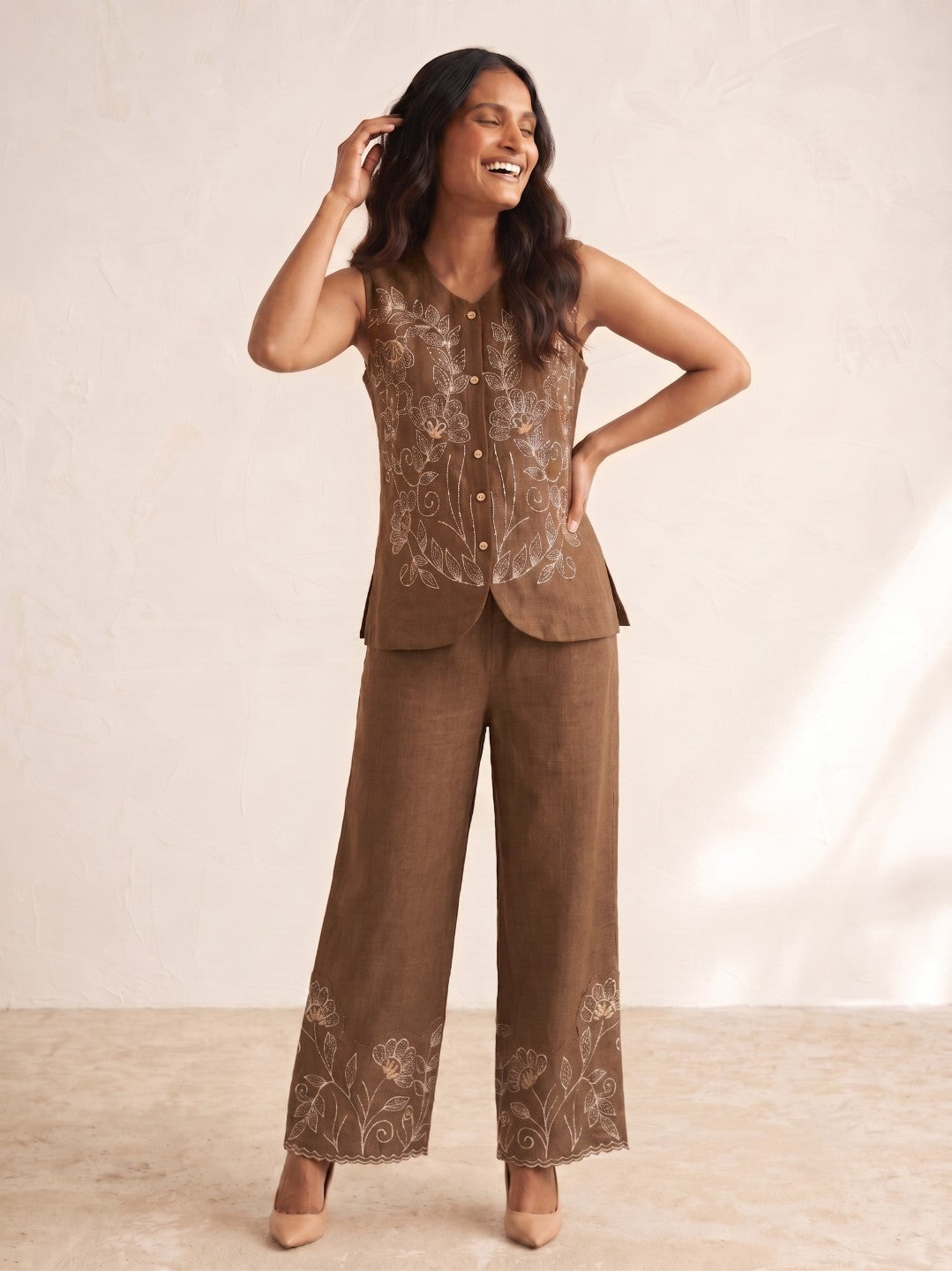 Mihika Hazelnut embroidery waist coat pant set