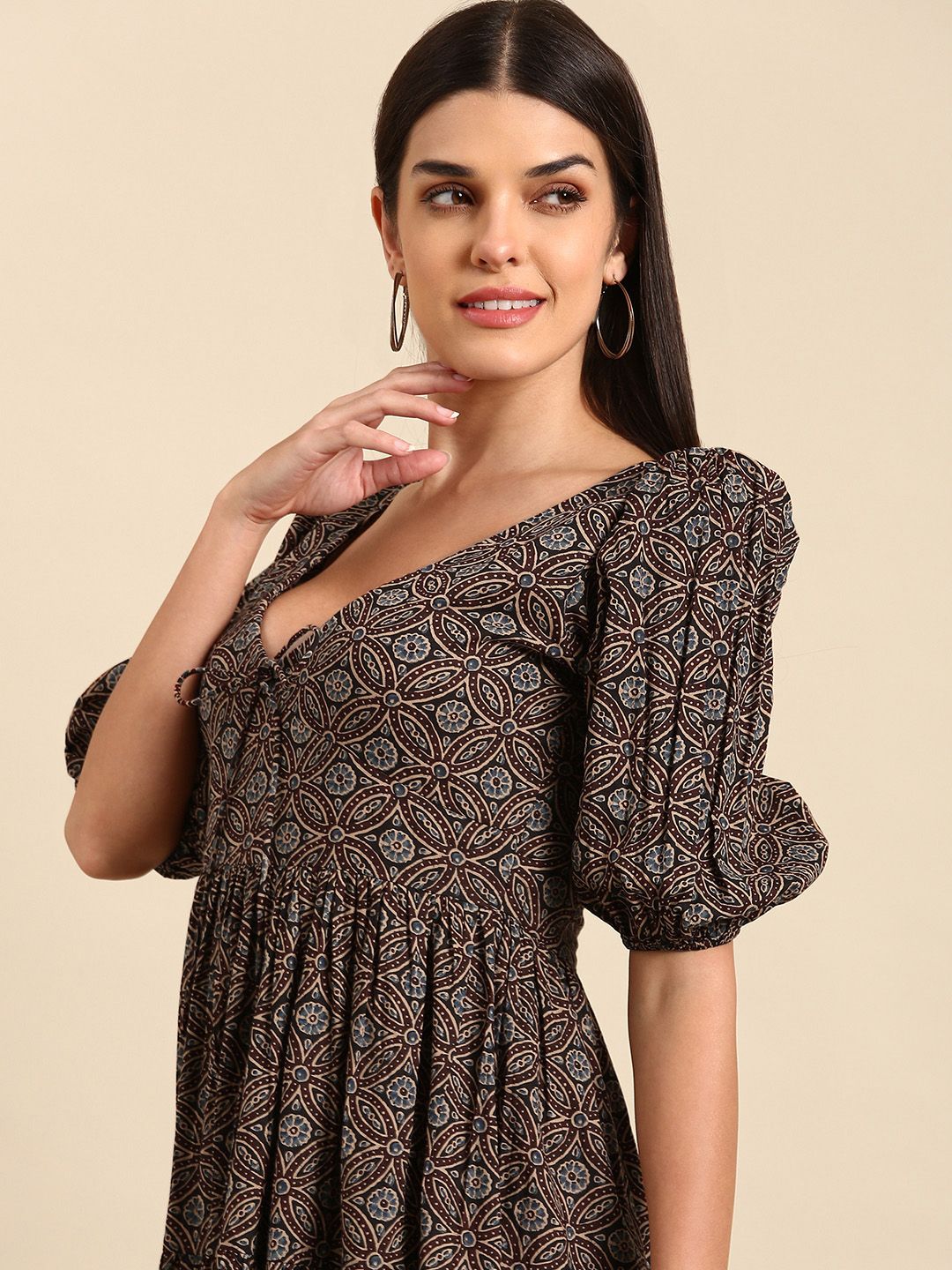 Dhiyona AY Women's Black & Brown Floral Tie-Up Neck Ethnic Cotton Maxi Ethnic Dress