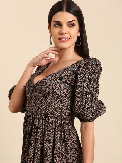Dhiyona AY Women's Black & Brown Floral Tie-Up Neck Ethnic Cotton Maxi Ethnic Dress