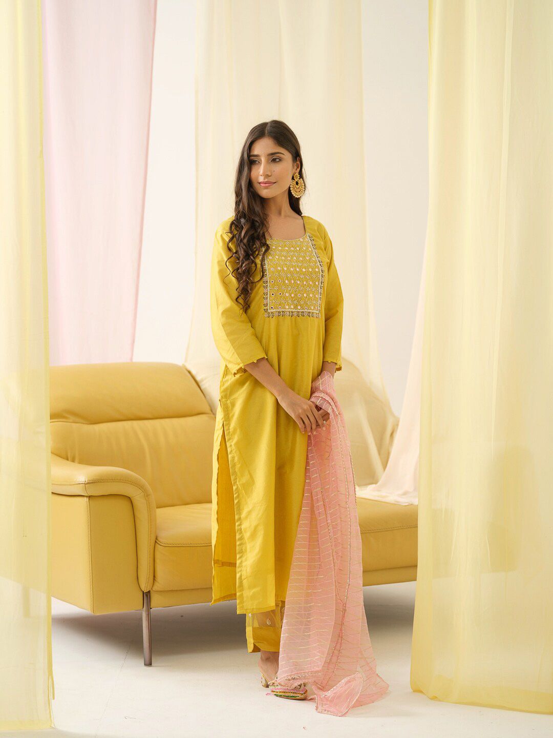 Dhiyona IS Women's Ethnic Motifs Yoke Design Mirror Work Chanderi Cotton Kurta with Trousers & Dupatta