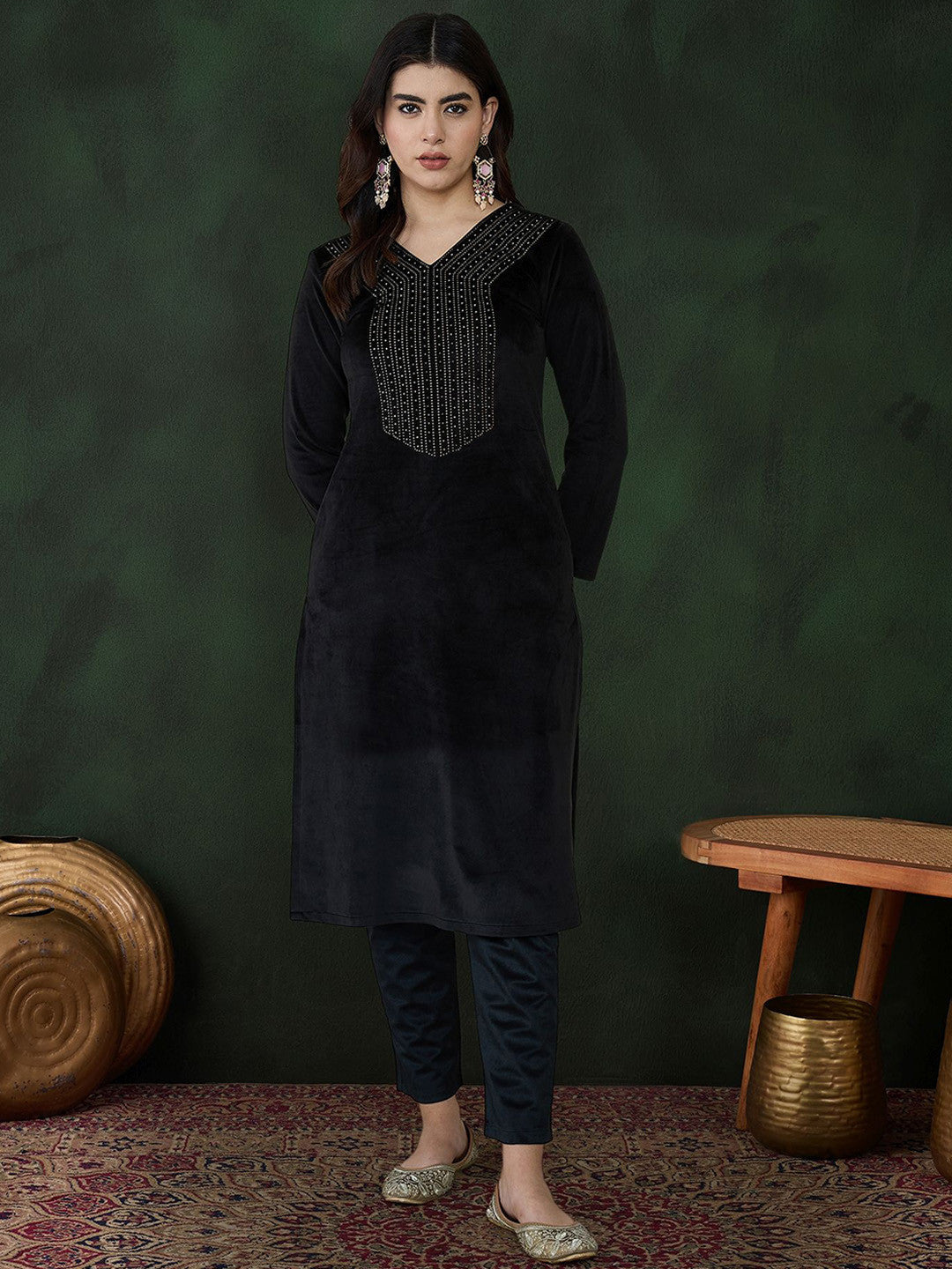 Black Geometric Yoke Design V-Neck Velvet Kurta With Trouser